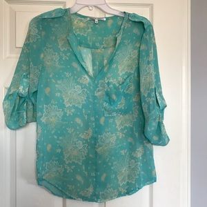 Sheer mint green top w yellow design - Medium